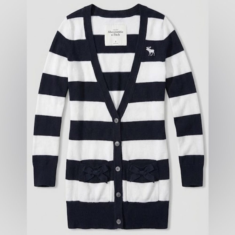 Abercrombie Kids Navy & White Striped Bow Cardigan Girls XL Y2K Vintage